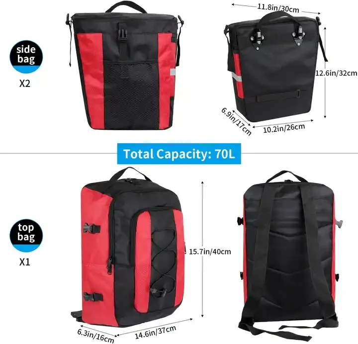 70L Large Capacity Bike Waterproof 3 in 1 Rear Bicycle Bag